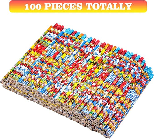 Kolewo4ever 100 Pieces Hero Cylinder Wood Pencils - Pow! Snap! Wham! Bang! Elements - 4 Style Assorted for Kids, Classroom Rewards, Carnival Prizes