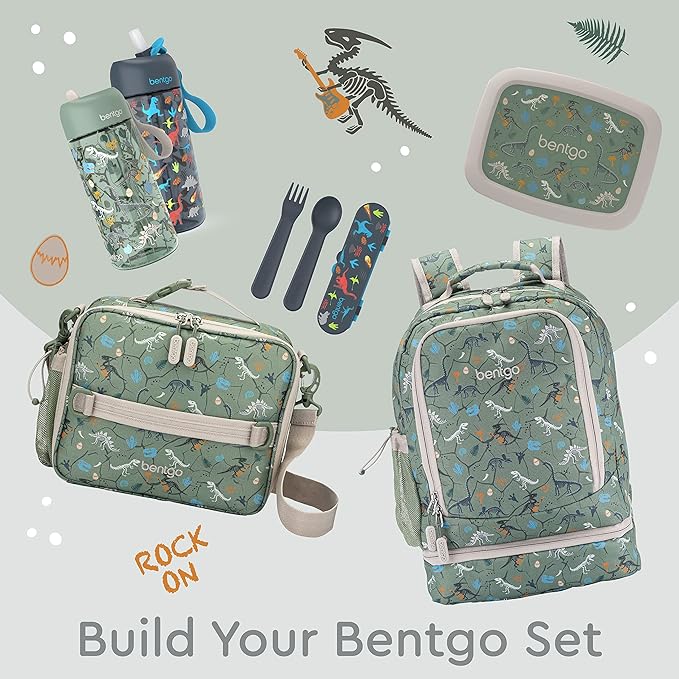 Bentgo Kids 2-in-1 Backpack & Insulated Lunch Bag - Durable 16” Backpack & Lunch Container in Unique Prints for School & Travel - Water Resistant, Padded & Large Compartments (Dino Fossils)