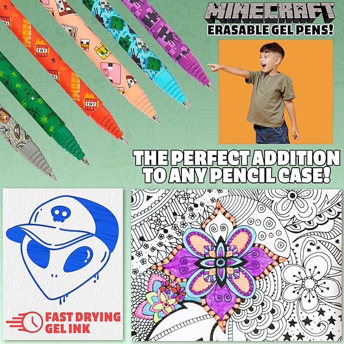 Minecraft Erasable Gel Pens Set, Colored Pens with Erasers Pack of 6, School Supplies - Gifts for Boys