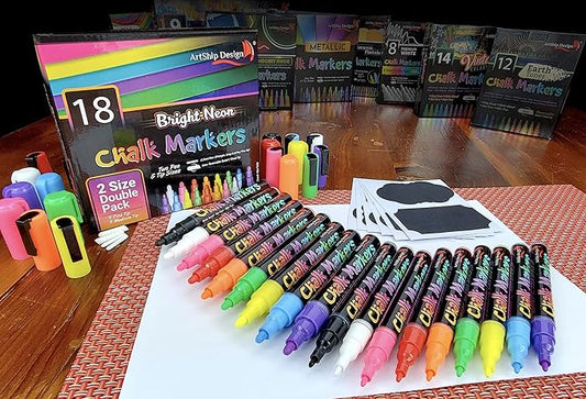 18 Neon Chalk Markers - Double Pack of Fine and Medium Tip Liquid Chalk Pens - Wet Erasable for Menu Boards, Glass, Windows, Whiteboards, Classrooms, Mirrors, Plastic