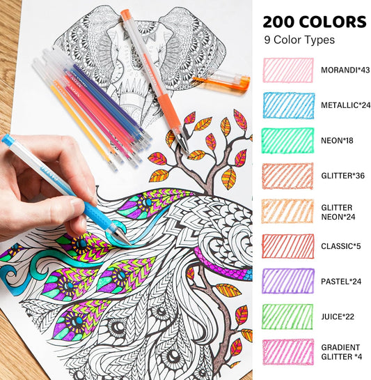 200 Colors Gel Pen Refills, Glitter Neon Gel Ink Pens Refills,Replace Cartridges for Gel Pens Set,9 Color Type for Kids Adult Coloring Books Drawing Doodling Crafts Scrapbooking Journaling,No Repeats