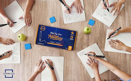 Scribbledo Set of 36 Dry Erase Markers Black Fine Tip Whiteboard Markers with Eraser Cap Thin Low Odor Skinny White Board Black Marker for Kids Adults Students Teachers Home School & Office