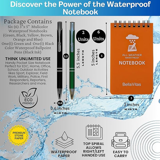 Waterproof 3x5 Notebook Pocket Notebook Small Spiral Notebooks Pocket Notepad Small Notepad 3x5 Pocket Notepad Police Notepad Tactical Notebook and All-Weather pen 6 Pack Multi