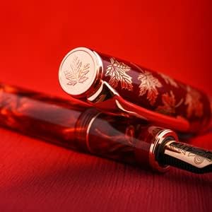 Hongdian N8 Red Acrylic Fountain Pen, Long Blade Fine Nib Rose Gold Trim Maple Leaves Carving Cap, Smooth Writing Pen with Converter and Metal Pen Box Set