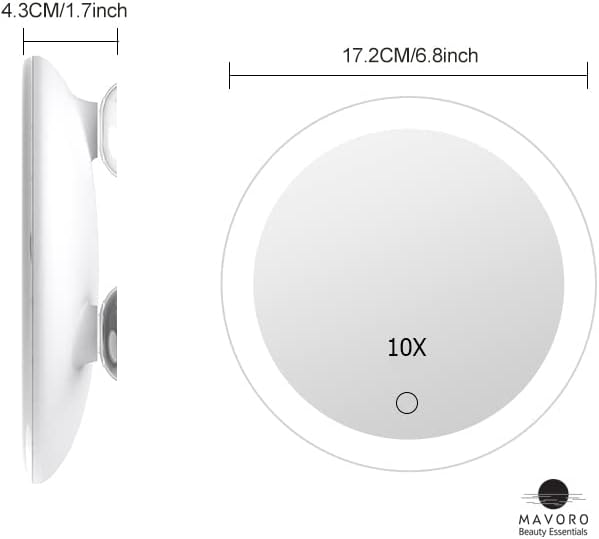 10X Magnifying Mirror with LED Light and 3 Strong Suction Cups. Compact, Lighted Makeup Mirror (USB Rechargeable Built-in Battery)