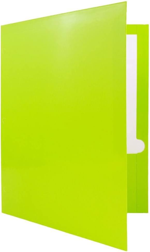 JAM PAPER Laminated Two Pocket Glossy 3 Hole Punch School Folders - Letter Size - High Gloss Lime Green - 6/Pack