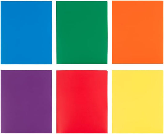 JAM PAPER Heavy Duty Plastic 2 Pocket Extra Tough School Folders - Assorted Primary Colors - Bulk 48 Folders/Box (8 Assorted Packs of 6)