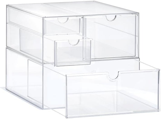 Prsildan Acrylic Drawer Makeup Organizer with 4 Drawers, Set of 2 Office Desk Organizers Accessories, Clear Stackable Storage Drawers for Vanity, Countertop, Craft, Jewelry, Art Supply Organization