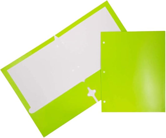 JAM PAPER Laminated Two Pocket Glossy 3 Hole Punch School Folders - Letter Size - High Gloss Lime Green - 6/Pack