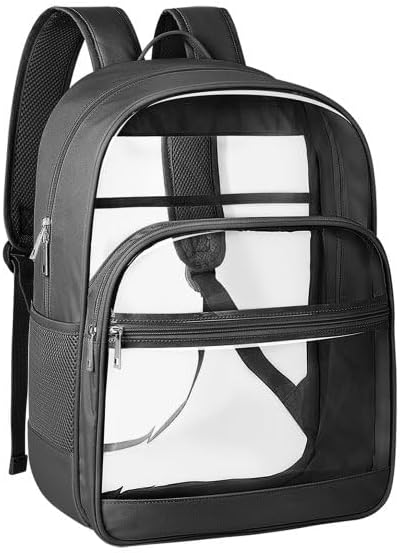 Clear Backpack, Heavy Duty Transparent Bookbag for School, Fabric & PVC Transparent Backpack with Reinforced Strap for Women Men, Capacity Clear Bag for College, Medium Black