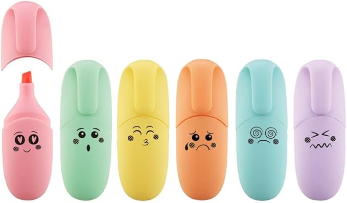 6 Piece Mini Highlighter Pen Kawaii Stuff Back to School Supplies Pastel Color Chisel Tip Cute Design Gift Highlighter Marker