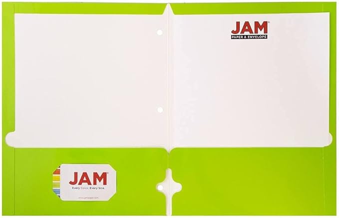 JAM PAPER Laminated Two Pocket Glossy 3 Hole Punch School Folders - Letter Size - High Gloss Lime Green - 6/Pack
