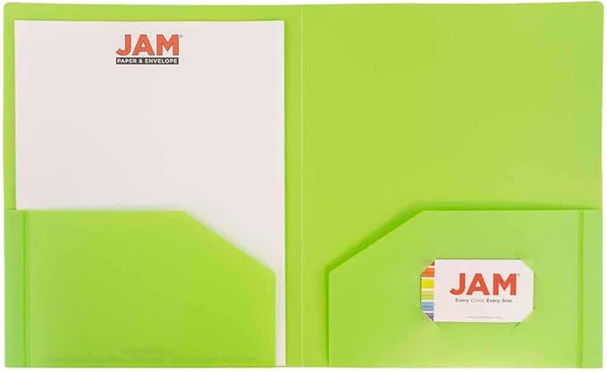 JAM PAPER Heavy Duty Plastic 2 Pocket Extra Tough School Folders - Lime Green - Bulk 144/Box