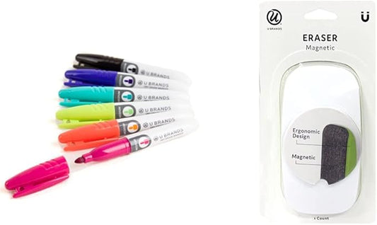 U Brands Low Odor Mini Dry Erase Markers, Medium Point, Assorted Colors, 6-Count and Magnetic Dry Erase Board Eraser