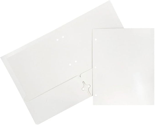 JAM PAPER Laminated Two Pocket Glossy 3 Hole Punch School Folders - Letter Size - High Gloss White - Bulk 50/Box