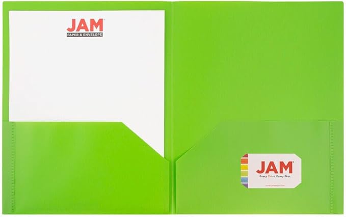 JAM PAPER Plastic 2 Pocket POP Folders - Durable School Folders - Lime Green - Bulk 48/Pack