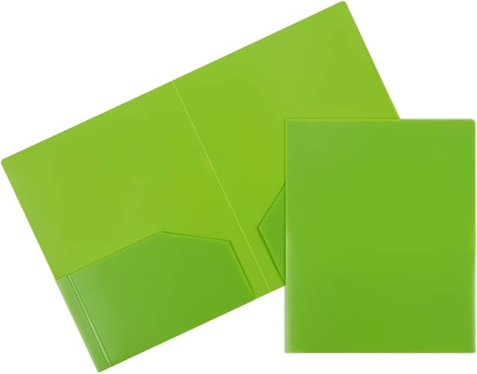JAM PAPER Heavy Duty Plastic 2 Pocket Extra Tough School Folders - Lime Green - 6/Pack