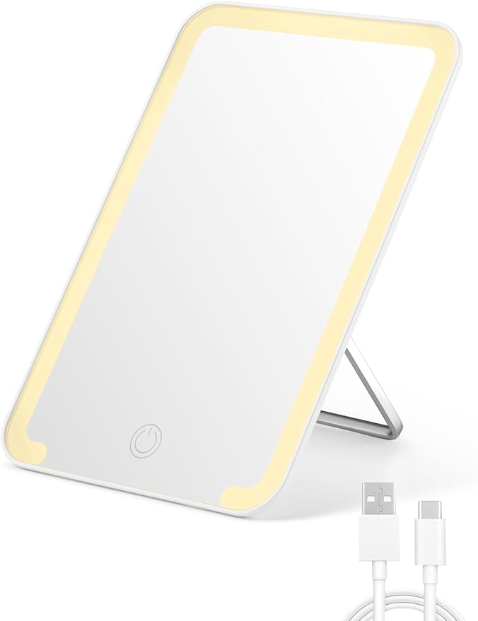 Qislee Travel Makeup Mirror with Lights, 3 Color Modes, 8 x 5 inches Desk Mirror with Foldable Stand, Touch Dimming, Perfect Travel Accessory, White