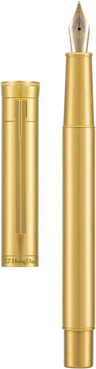 Hongdian Pure Brass Fountain Pen Bent Nib Fude Pen for Calligraphy Writing (Fine to Broad) with Refillable Converter and Metal Pen Box Set