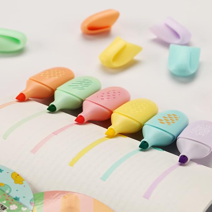6 Piece Stylish Modern Style Mini Highlighter Pen Kawaii Stuff Pastel Color Geometric Line Design Easter Gift Highlighter Marker