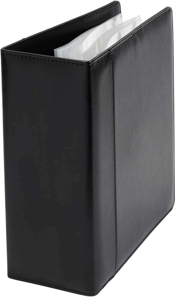 Playbill Binder - 10 x 9.5 in, 4-Inch Spine, 3-Ring, Black Leatherette Cover - Folder with 30 Plastic Sleeves - 2 Pockets Per Sleeve