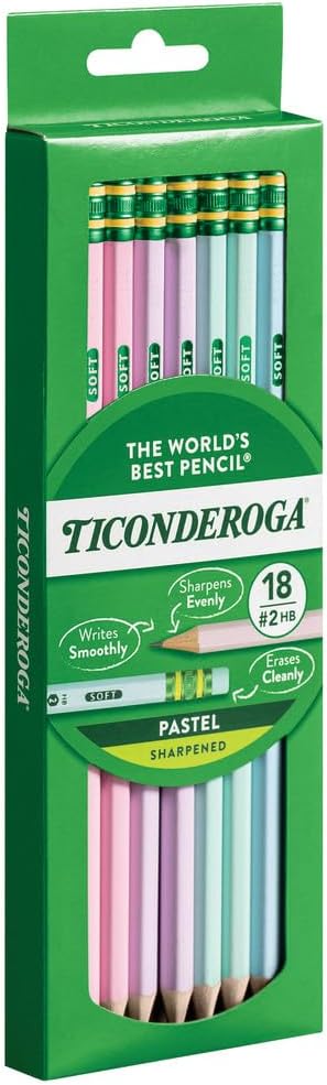 Ticonderoga Wood-Cased Pencils, Pre-Sharpened, 2 HB Soft, Pastel Colors, 18 Count