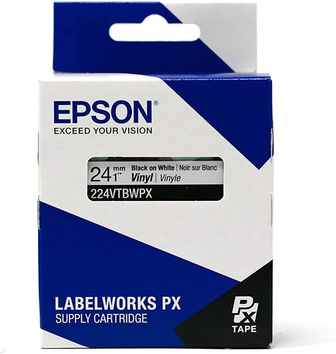 Epson LABELWORKS 224VTBWPX Genuine Tape Cartridge - Black on White Flexible and Durable Vinyl Industrial Label Maker Tape - 1" (24MM) Wide, 22.9 ft