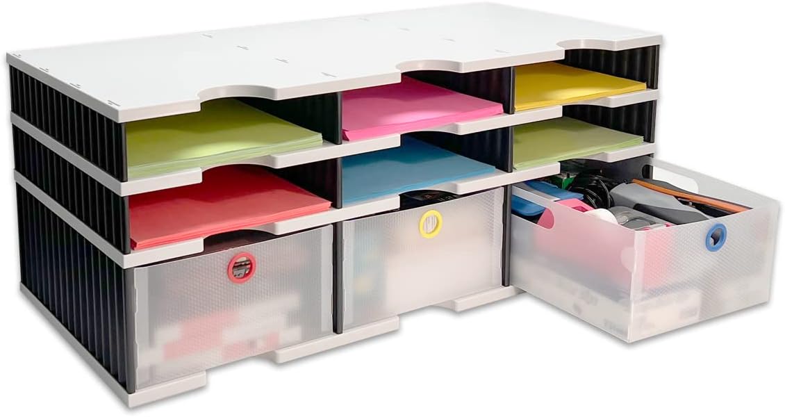 Desktop Organizer 6 Letter Tray Sorter Plus Riser Storage Base & 3 Storage Drawers - Ultimate Office TierDrop Plus Stores All of Your Documents and Supplies in One Compact Modular System