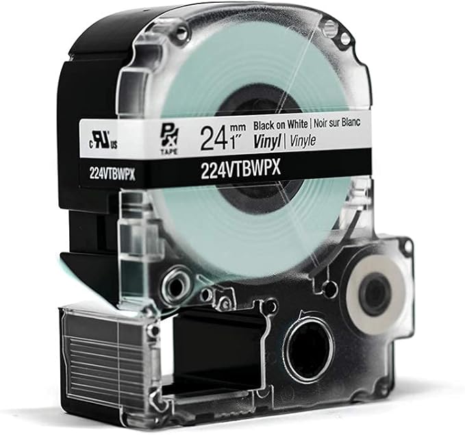 Epson LABELWORKS 224VTBWPX Genuine Tape Cartridge - Black on White Flexible and Durable Vinyl Industrial Label Maker Tape - 1" (24MM) Wide, 22.9 ft