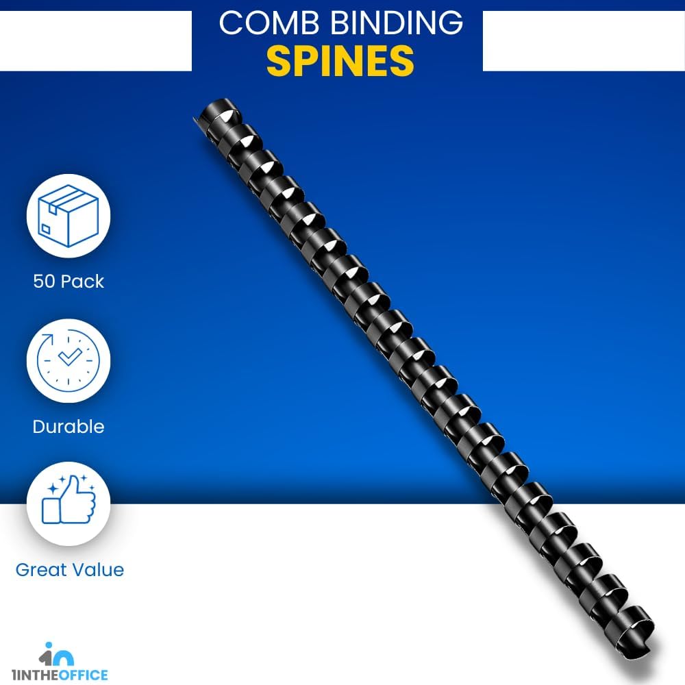 1InTheOffice Comb Binding Spines 8.5x11, Ring Plastic Binding Comb, Black Comb Spines, 1/2" Diameter (50/Pack)