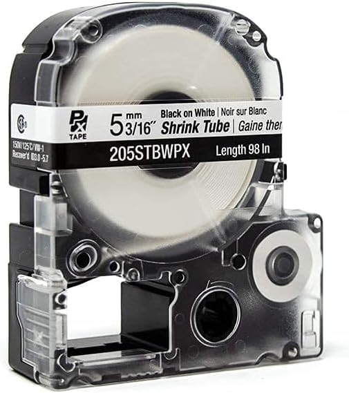 Epson LABELWORKS 205STBWPX-5PK Genuine Tape Cartridge - 5 Unit Pack of Black on White Shrink Tube Industrial Label Maker Tape - AWG 8-12, 3/16" (5MM) Wide, 8 ft (96") - 5 Pack