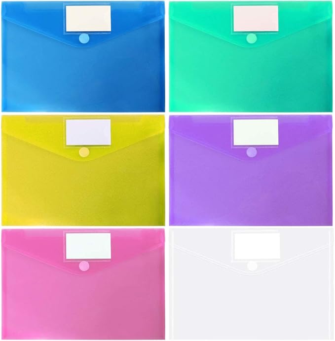 11 Pack Plastic Poly Filing Envelopes, Clear Document Folders US Letter A4 Size File Envelopes with Label Pocket & Paste Button for School Home Work Office Organization, 6 Assorted Color