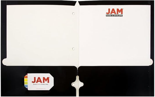 JAM PAPER Laminated Two Pocket Glossy 3 Hole Punch School Folders - Letter Size - High Gloss Black - Bulk 50/Box