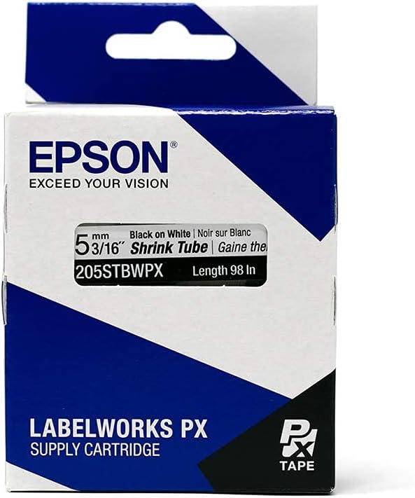 Epson LABELWORKS 205STBWPX Genuine Tape Cartridge - Black on White Shrink Tube Industrial Label Maker Tape - AWG 8-12, 3/16" (5MM) Wide, 8 ft (96")