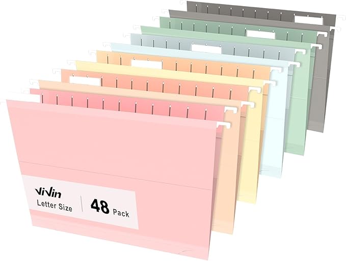 ViVin Hanging File Folders, 1/5-Cut Adjustable Tabs with 48 Per Box, 2 Inch Expansion, 48 Pack Letter Size Hanging File Folders, Designed for Office Home School Filing Cabinet(Assorted)