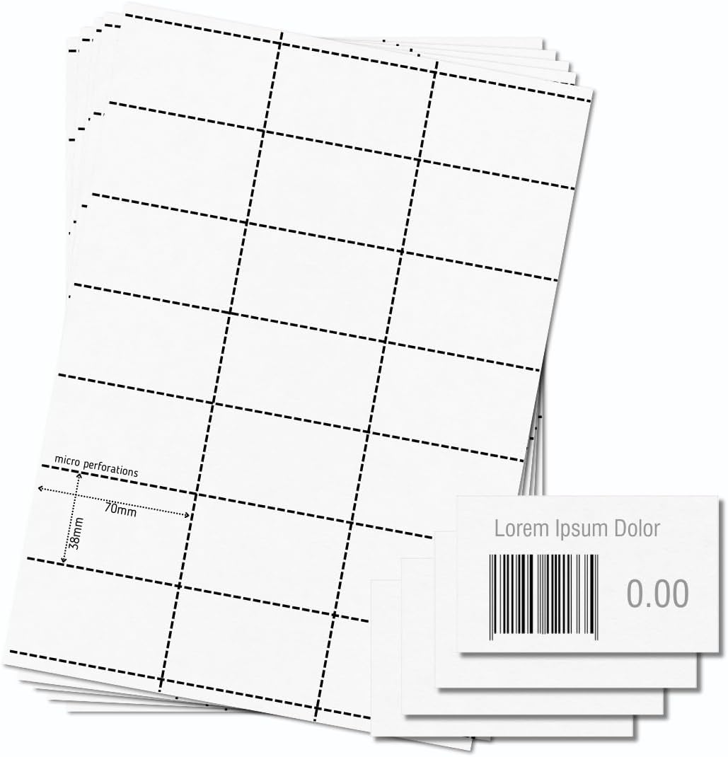 OfficeGear Shelf Edge Barcode Price Ticket Labels 21-up [55 Sheets - 1155 Pack] 38x70mm Custom Printable A4 120gsm Card Micro-Perforated Non-Adhesive Merchandise Tag Includes Design Template