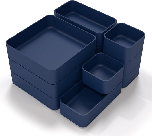 11-Piece Stackable Drawer Organizer Set, Multi-size Desk Drawer Organizer Trays Vanity Storage Bins for Storing Makeup, Stationery, Utensils in Bathroom Dresser, Office and Kitchen