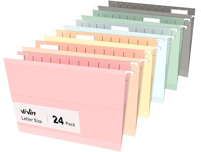 ViVin Hanging File Folders, 1/5-Cut Adjustable Tabs with 24 Per Box, 1 Inch Expansion, 24 Pack Letter Size Hanging File Folders, Designed for Office Home School Filing Cabinet(Assorted)