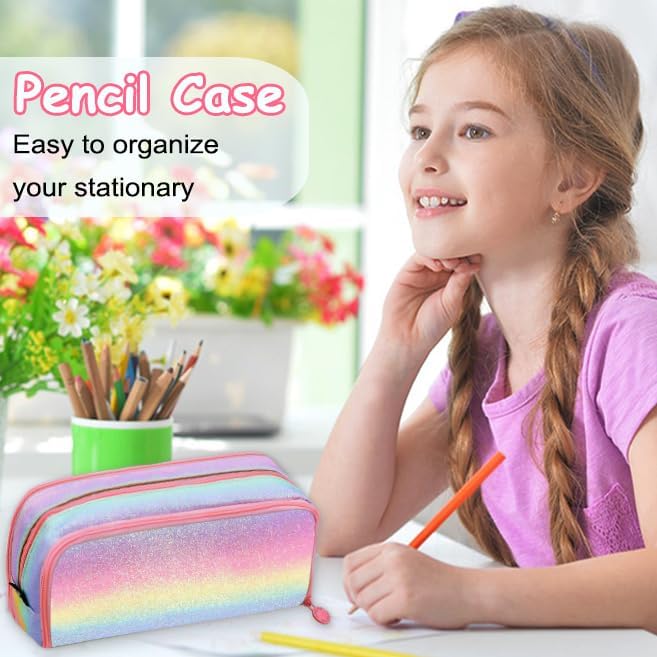 Glitter Rainbow Pencil Case for Girls, Large Capacity Pencil Pouch Pen Bag Organizer with 3 Compartments for Kids Students School Office Supplies Back to School Gifts
