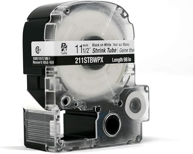 Epson LABELWORKS 211STBWPX-5PK Genuine Tape Cartridge - 5 Unit Pack of Black on White Shrink Tube Industrial Label Maker Tape - AWG 2-8, 1/2" (11MM) Wide, 8 ft (96") - 5 Pack