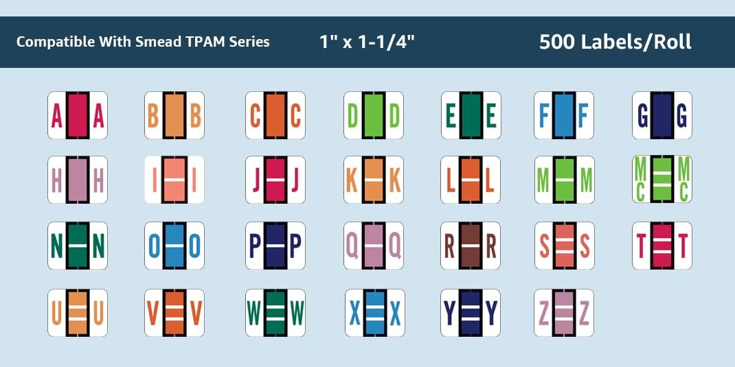 Doctor Stuff - File Folder Labels, Alphabet Letter, Complete Set A-Z Plus Alternate Green Mc, with Tray, Compatible with Smead BCCR/BCCS - TPAM Series, 1" x 1-1/4", 500/Roll