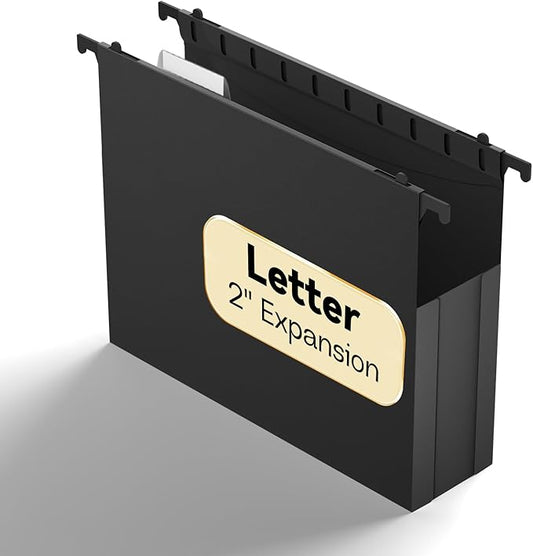 Plastic Hanging File Folder Expandable,Letter Size,Upgraded 2" Expansion Accordian Pocket,12 Pack Extra Capacity Hanging Folders,Adjustable Tabs,No Assembly,Heavy Duty for Filing Cabinet,Black