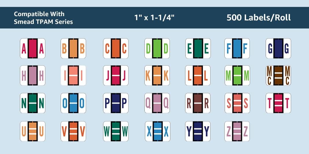 Doctor Stuff - File Folder Labels, Alphabet Letter, Complete Set A-Z Plus Mc, with Tray, Compatible with Smead BCCR/BCCS - TPAM Series Alpha Stickers 1" x 1-1/4", 500/Roll