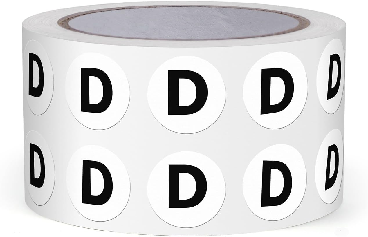 Letter D Round Labels 0.5 Inch Vinyl Circle Capital Alphabet Stickers Self-Adhesive Removable Waterproof Dots Tags for Home Office Inventory 1000 PCS