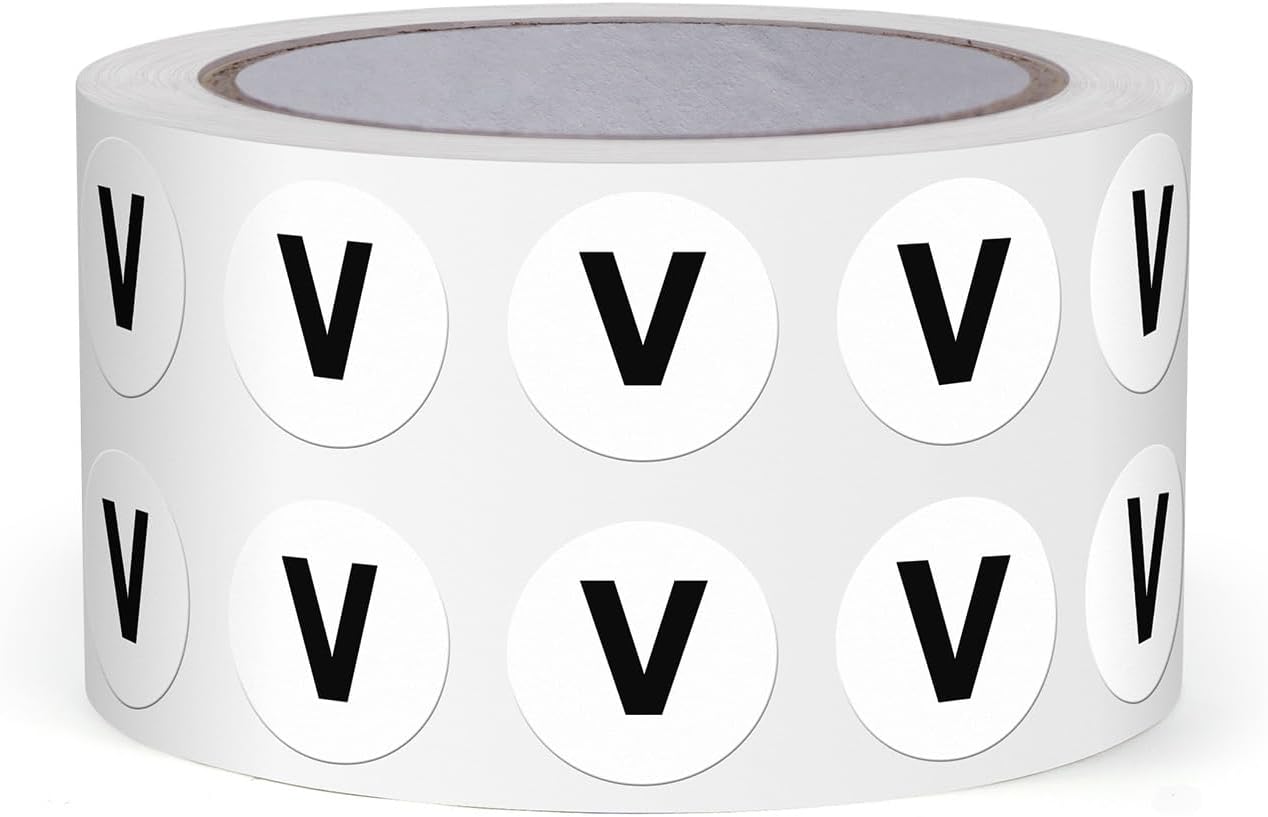 Letter V Round Stickers 0.5 Inch Vinyl Circle Capital Alphabet Labels Self-Adhesive Removable Waterproof Dots Tags for Home Office Inventory 1000 PCS