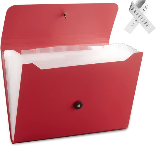 Expanding File Folder with 13 Pockets, Red, Polypropylene, 12.99" x 9.45" x 1.1"