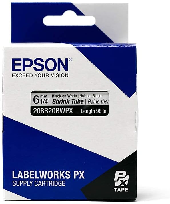Epson LABELWORKS 208B20BWPX Genuine Tape Cartridge - Black on White Shrink Tube Industrial Label Maker Tape - AWG 6-18, 1/4" (6MM) Wide, 8 ft (98")