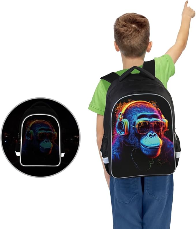 Kids Backpack, 3D Reflective Cartoon, 600D Polyester & Dual Zippers, 17" Bookbag with Ergonomic Design for boys & girls age 6-18, Gorilla Space Style for school Children Kids