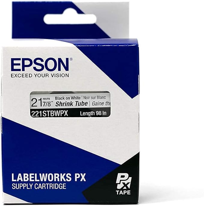 Epson LABELWORKS 221STBWPX Genuine Tape Cartridge - Black on White Shrink Tube Industrial Label Maker Tape - AWG 0000-1, 7/8" (21MM) Wide, 8 ft (96")
