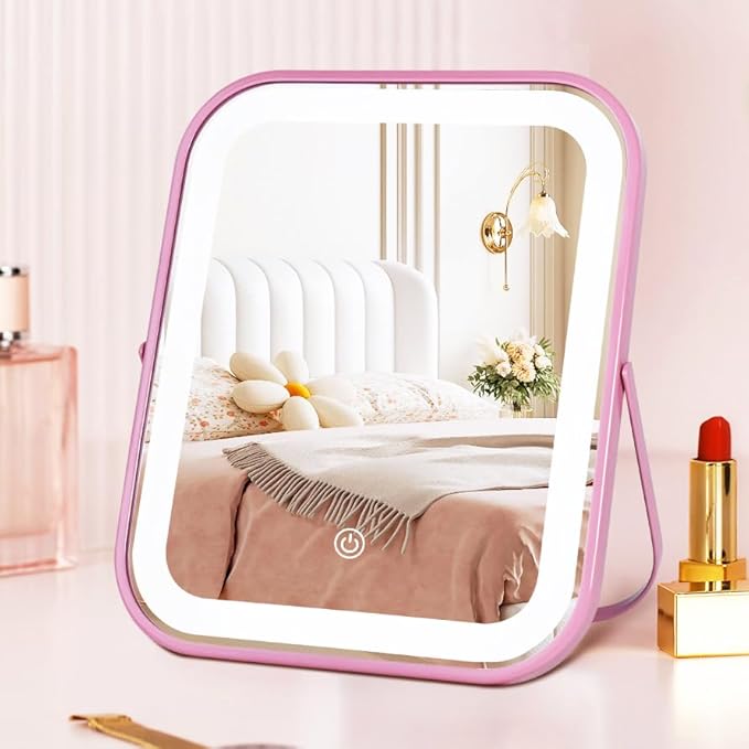 Pink Rechargeable Vanity Mirror with Lights, LED Makeup Mirror, 10"×8" Lighted Makeup Mirror with Lights, Smart Touch Control Dimmable 3 Modes Light, Lighted Up Mirror for Makeup Desk, Bedroom